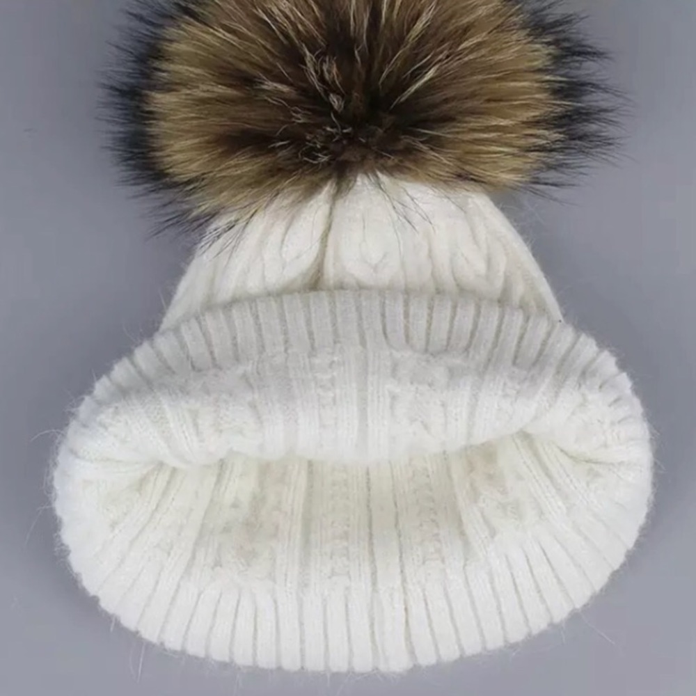 Black Angora Fur Pompom Cable Knit Beanie - Picture 5 of 5